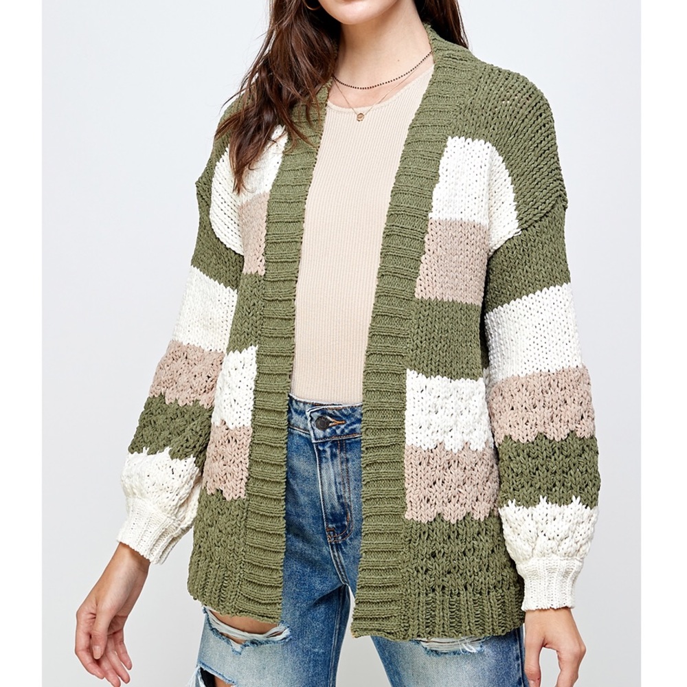 Striped Chunky Knit Balloon Sleeve Cardigan Sweater